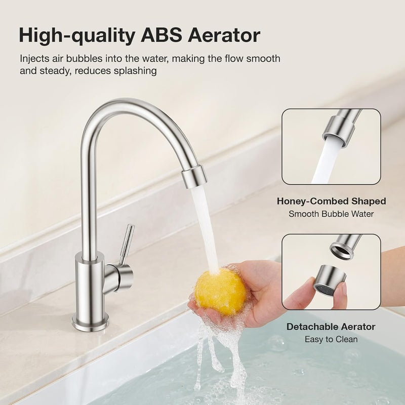 Crea Brushed Faucet for Kitchen Bar Outdoor Sink 1 Hole 3Holes(with Deck Plate)，High Arc 360°Swivle Single Handle Tap Brushed 304 Stainless Steel - Image 3
